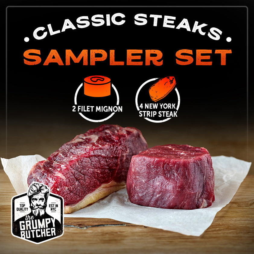 Grumpy Butcher's 6 Steak Sampler: Filet Mignon & NY Strip Steaks – Den ...